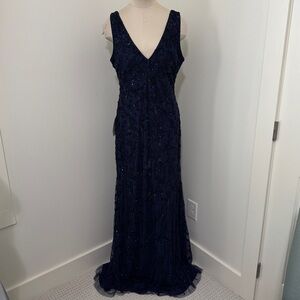 Elegant Floral Beaded Embellished Navy Blue Evening Gown Dress Lotus Threads